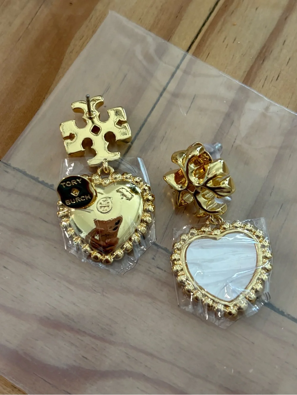 Gold Heart Drop Earrings with White Stone Accents